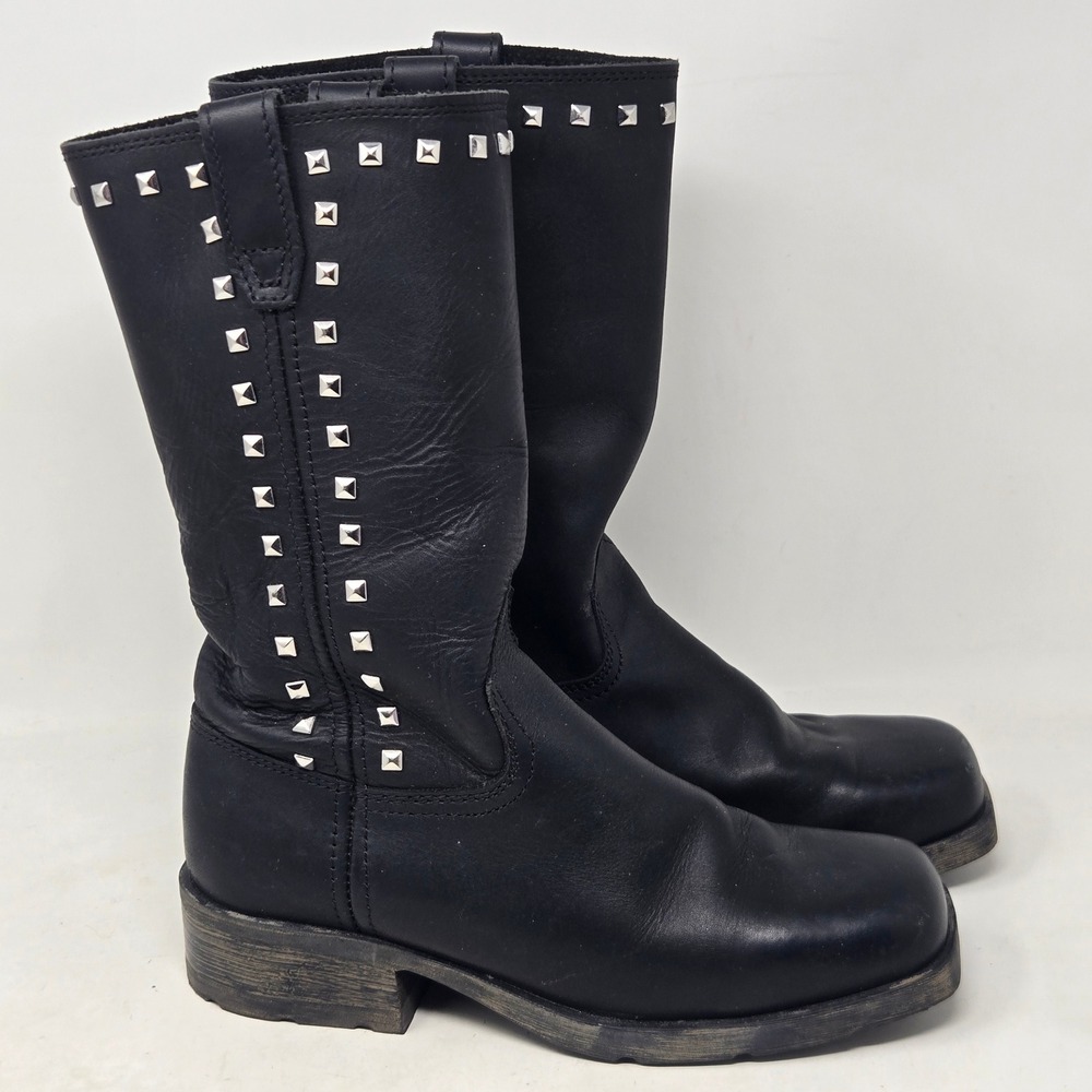 Dingo Womens Black Leather Studded Biker Boots Square Toe DI7216 Size 7 M